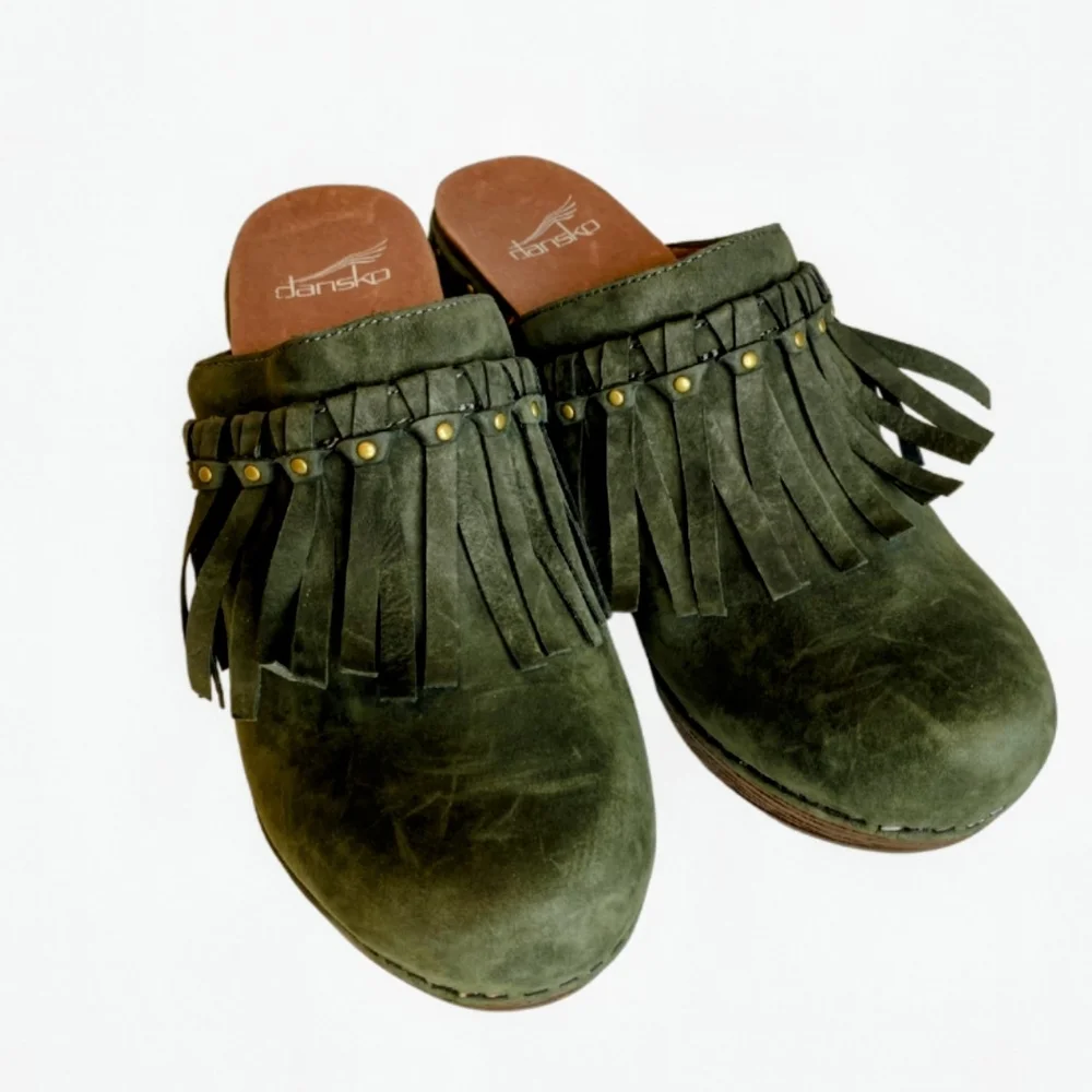 Dansko Women's Deni Olive Suede Fringe And Studded Mules - Picture 2 of 9